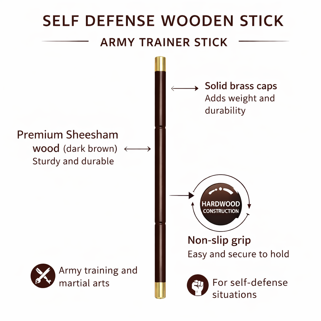 Sheesham Wood Police Baton 23 Inch | Solid Wooden Self Defense Stick with Brass Caps (1 Inch Thick)